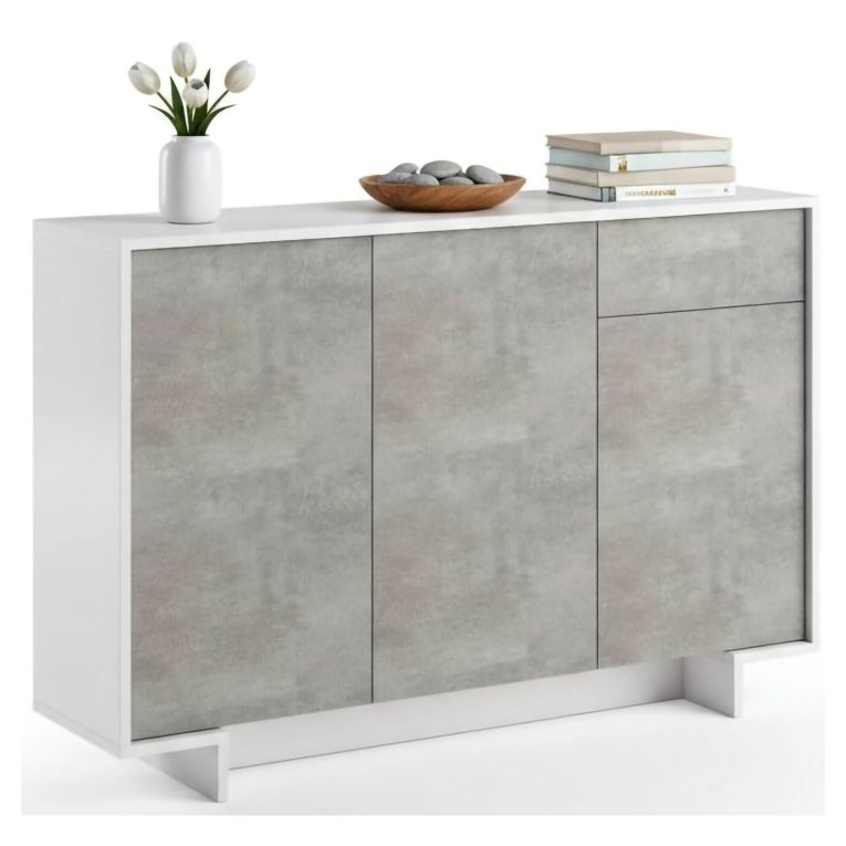 Credenza bianca e cemento 134x35x87h cm 3 ante e 1 cassetto - Arius