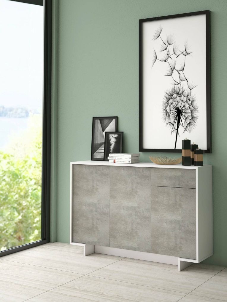 Credenza bianca e cemento 134x35x87h cm 3 ante e 1 cassetto - Arius