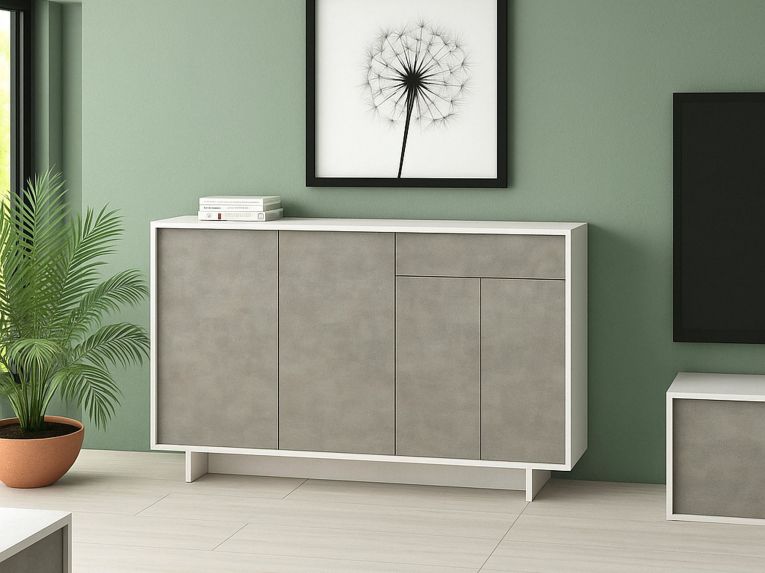 Credenza bianca e cemento 134x35x87h cm 3 ante e 1 cassetto - Arius