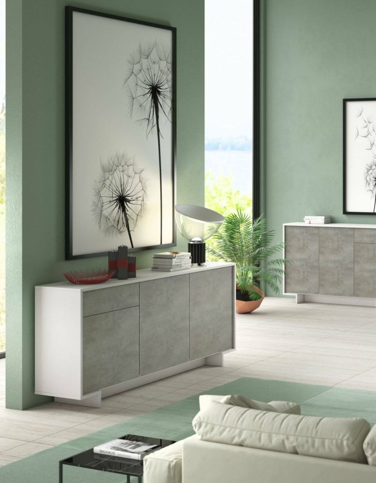 Credenza bianca e cemento 170x42x78h cm 3 ante e 1 cassetto - Aronne