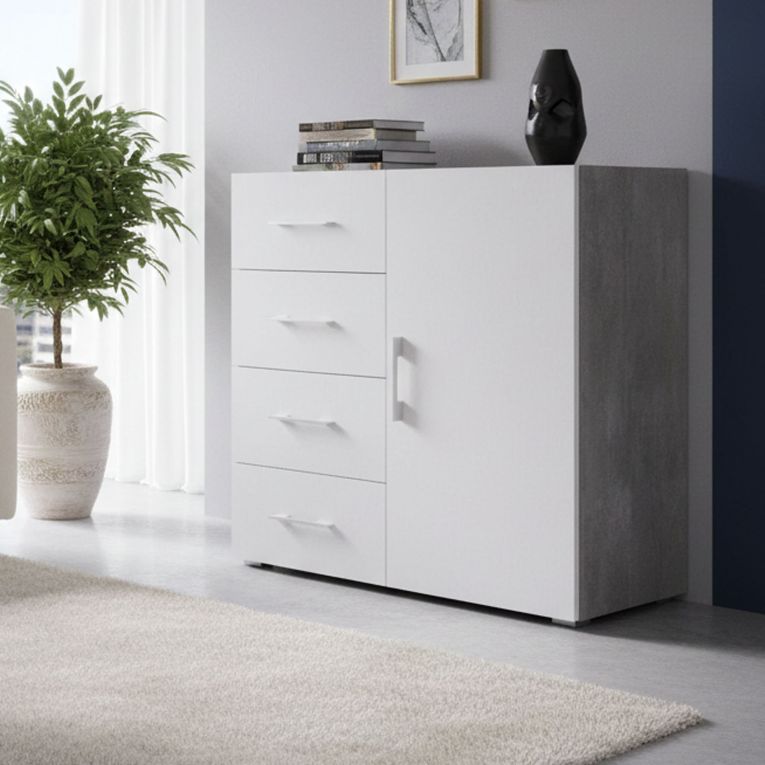 Credenza bianca e cemento 90x41x87h cm 1 anta e 4 cassetti - Aracnida