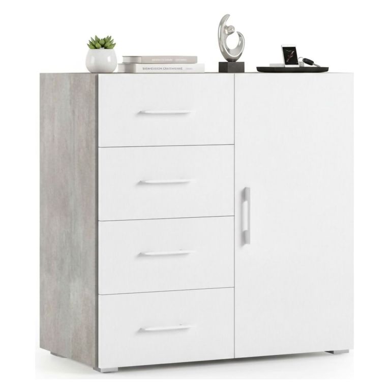 Credenza bianca e cemento 90x41x87h cm 1 anta e 4 cassetti - Aracnida