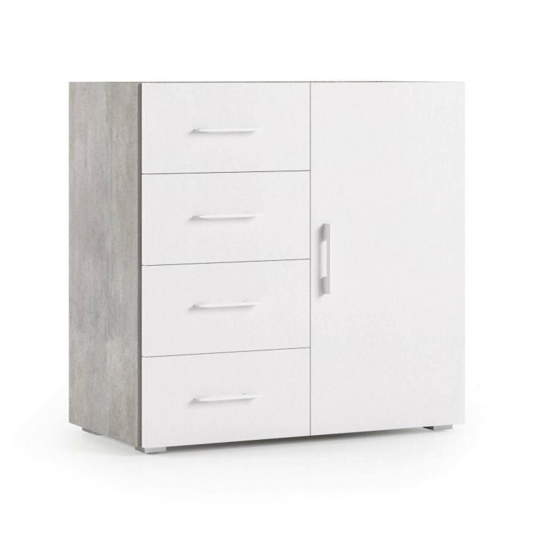 Credenza bianca e cemento 90x41x87h cm 1 anta e 4 cassetti - Aracnida