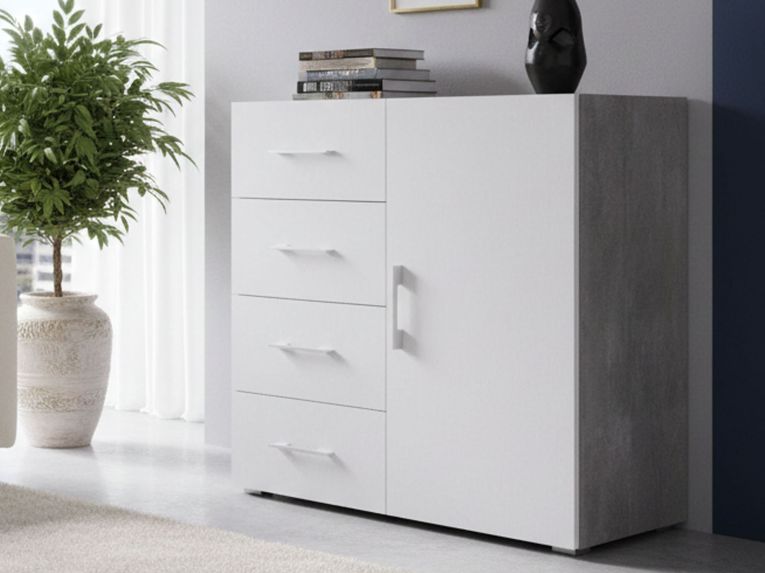 Credenza bianca e cemento 90x41x87h cm 1 anta e 4 cassetti - Aracnida
