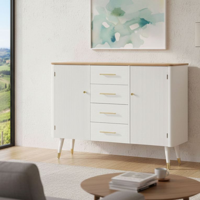 Credenza bianca e marrone 117x37x90h cm 2 ante e 4 cassetti - Acute