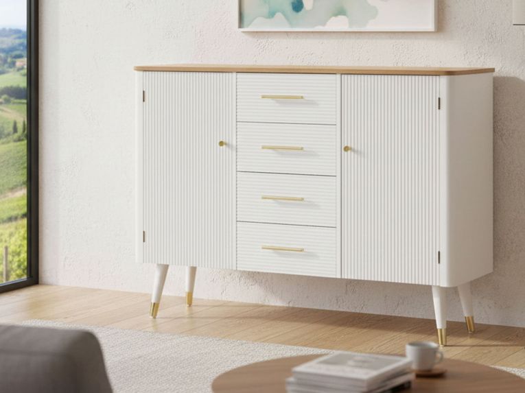 Credenza bianca e marrone 117x37x90h cm 2 ante e 4 cassetti - Acute