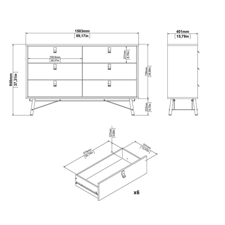 Credenza bianca e nera 150x40x94h cm 6 cassetti - Anturio
