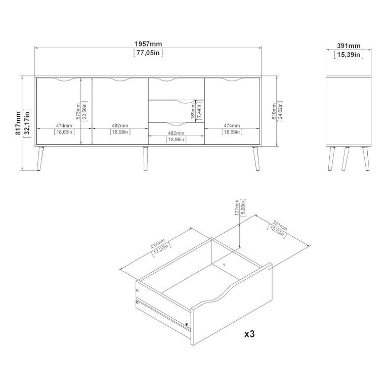 Credenza bianca e nera 195x39x81h cm 3 ante e 3 cassetti - Anima