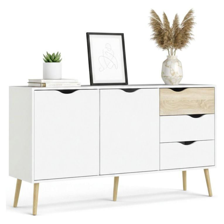 Credenza bianca e quercia 147x39x81h cm 2 ante e 3 cassetti - Animato