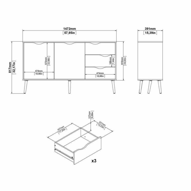 Credenza bianca e quercia 147x39x81h cm 2 ante e 3 cassetti - Animato