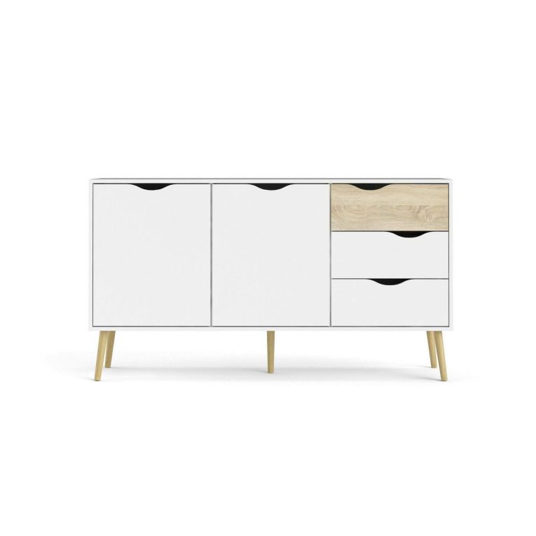 Credenza bianca e quercia 147x39x81h cm 2 ante e 3 cassetti - Animato