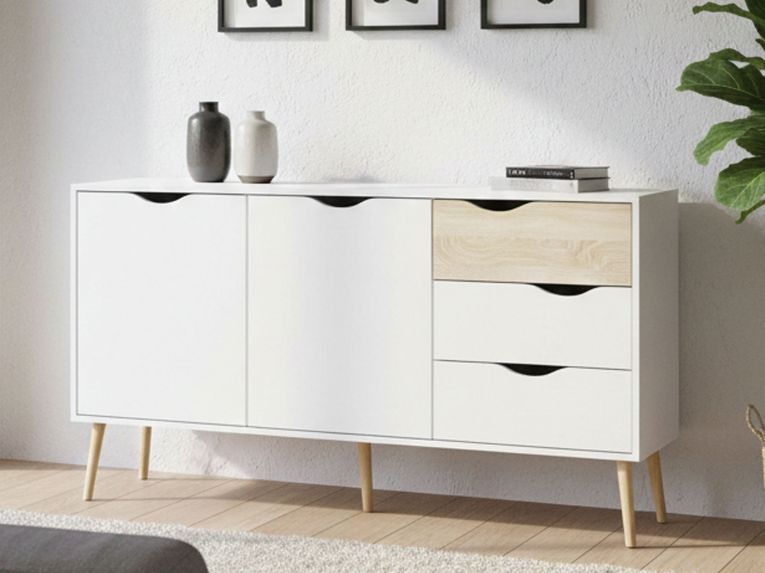 Credenza bianca e quercia 147x39x81h cm 2 ante e 3 cassetti - Animato