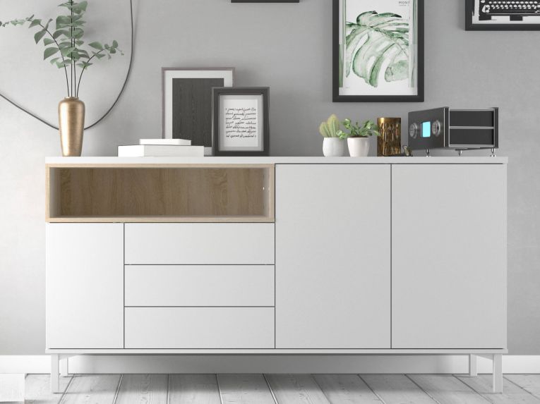Credenza bianca e quercia 175x48x89h cm 3 ante e 3 cassetti - Julie