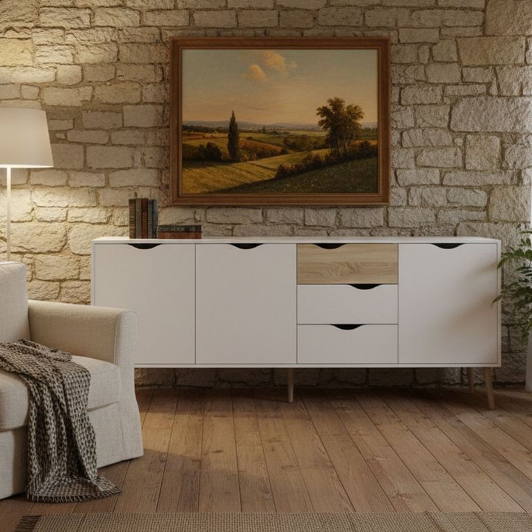 Credenza bianca e quercia 195x39x81h cm 3 ante e 3 cassetti - Anima