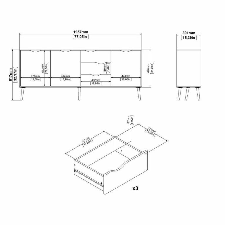 Credenza bianca e quercia 195x39x81h cm 3 ante e 3 cassetti - Anima