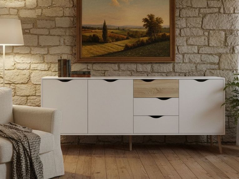 Credenza bianca e quercia 195x39x81h cm 3 ante e 3 cassetti - Anima
