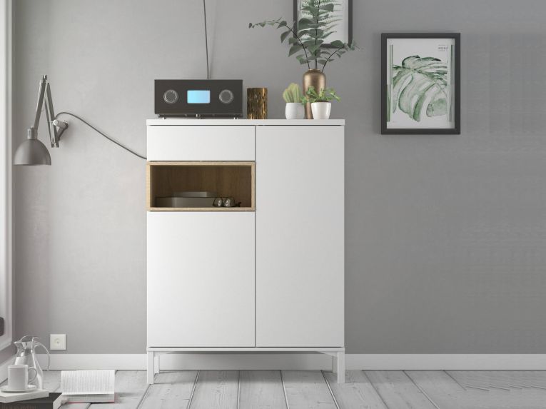Credenza bianca e quercia 88x36x118h cm 2 ante e 1 cassetto - Alfra