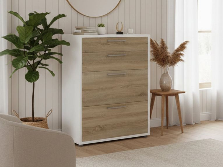 Credenza bianca e quercia 89x40x113h cm 4 cassetti - Anghiari