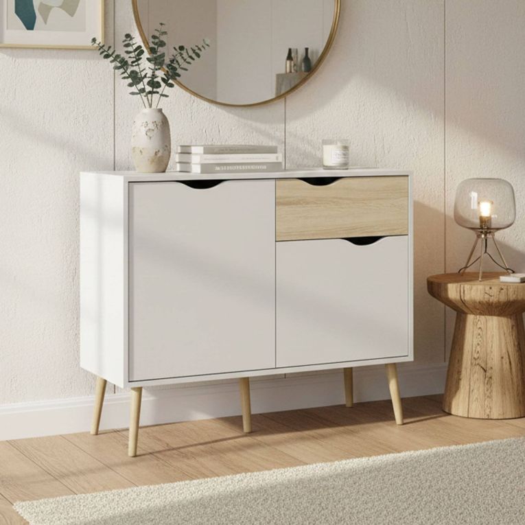 Credenza bianca e quercia 98x39x81h cm 2 ante e 1 cassetto - Audit