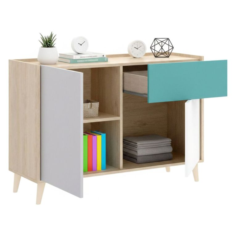 Credenza bianca e rovere 105x43x75h cm 2 ante e 1 cassetto - Ascot