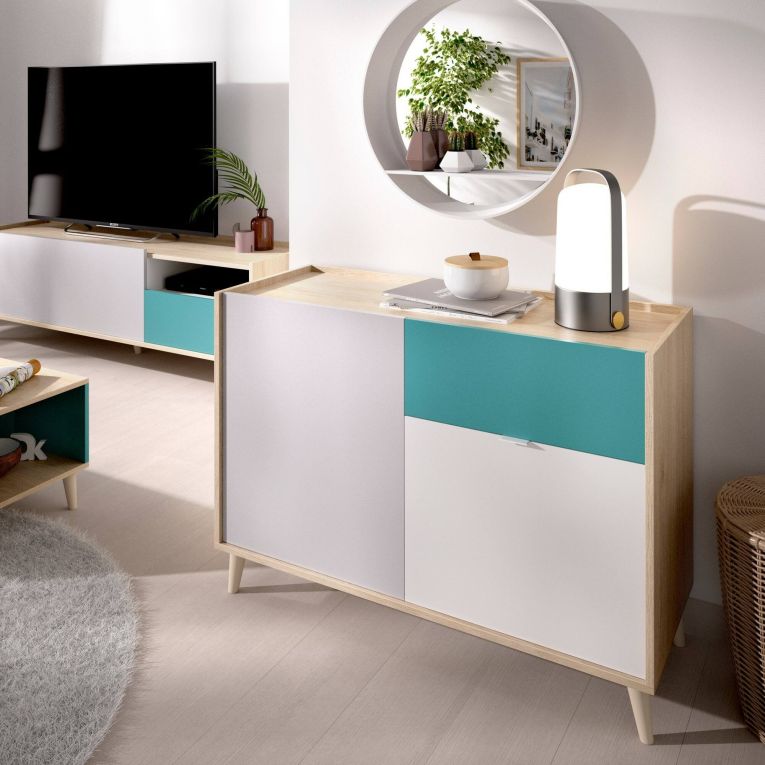 Credenza bianca e rovere 105x43x75h cm 2 ante e 1 cassetto - Ascot