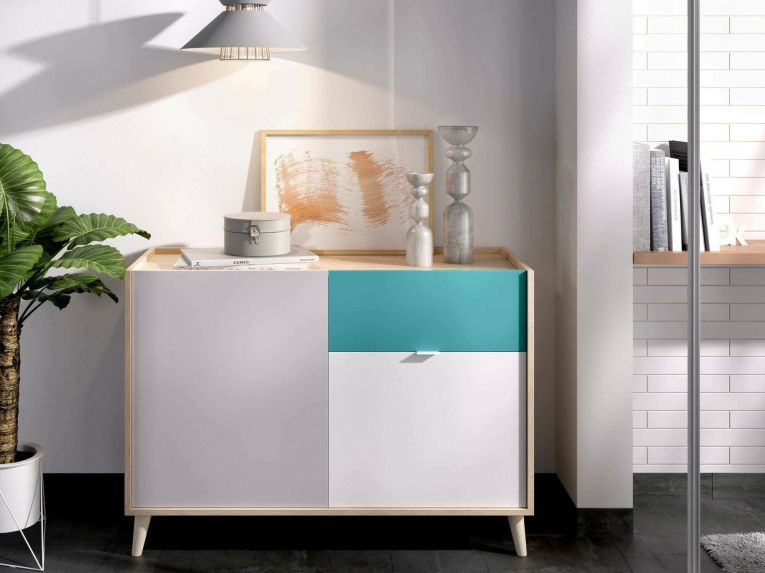 Credenza bianca e rovere 105x43x75h cm 2 ante e 1 cassetto - Ascot