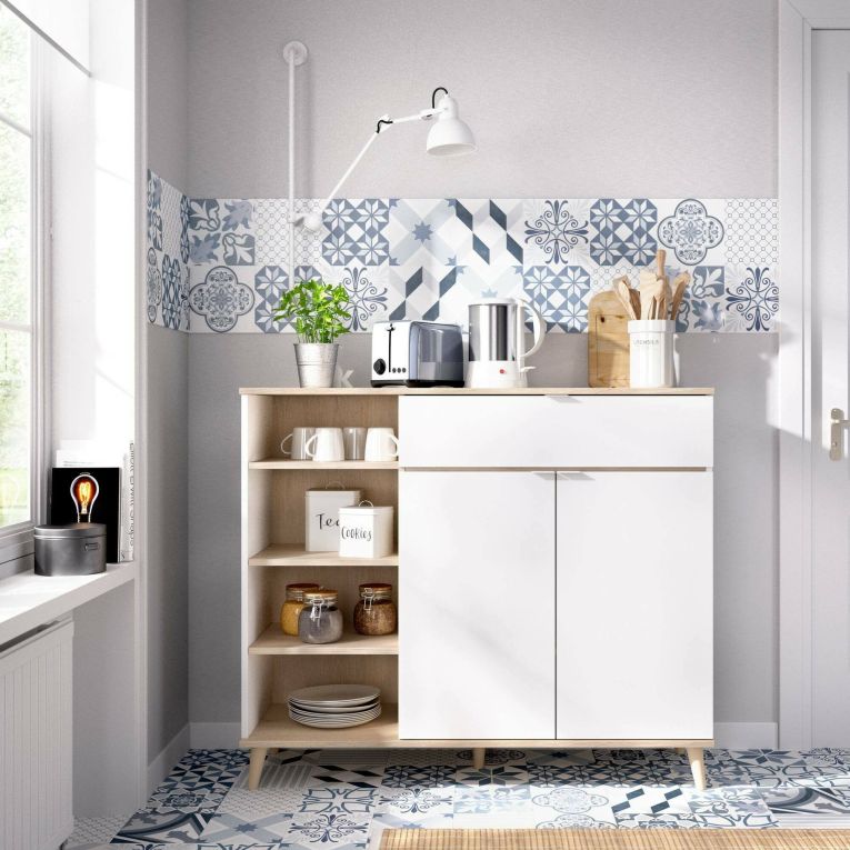 Credenza bianca e rovere 120x40x102h cm 2 ante e 1 cassetto - Aleandro