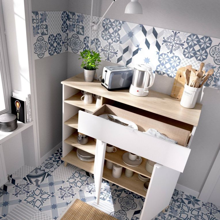 Credenza bianca e rovere 120x40x102h cm 2 ante e 1 cassetto - Aleandro