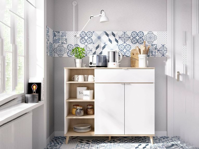 Credenza bianca e rovere 120x40x102h cm 2 ante e 1 cassetto - Aleandro