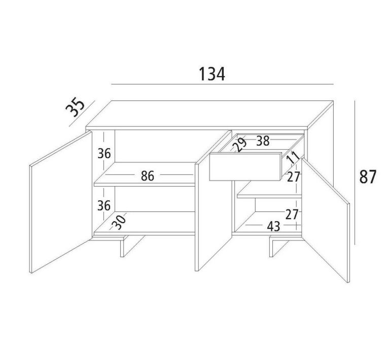 Credenza bianca e rovere 134x35x87h cm 3 ante e 1 cassetto - Arius