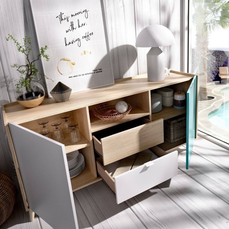 Credenza bianca e rovere 155x43x75h cm 2 ante e 2 cassetti - Asa