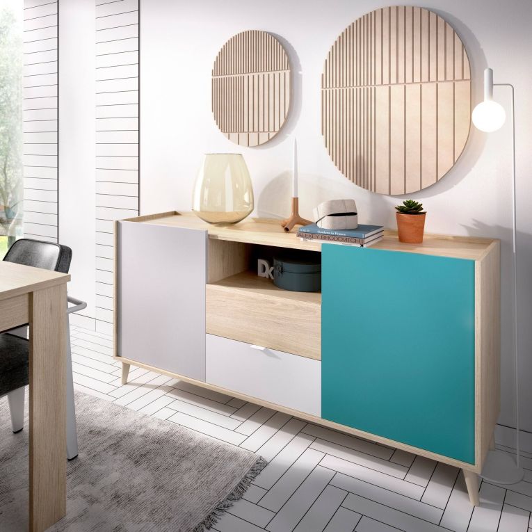 Credenza bianca e rovere 155x43x75h cm 2 ante e 2 cassetti - Asa