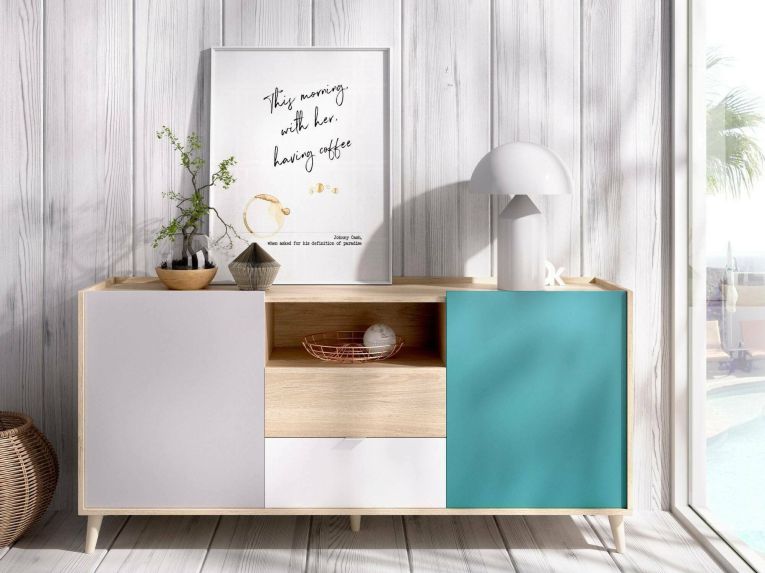 Credenza bianca e rovere 155x43x75h cm 2 ante e 2 cassetti - Asa