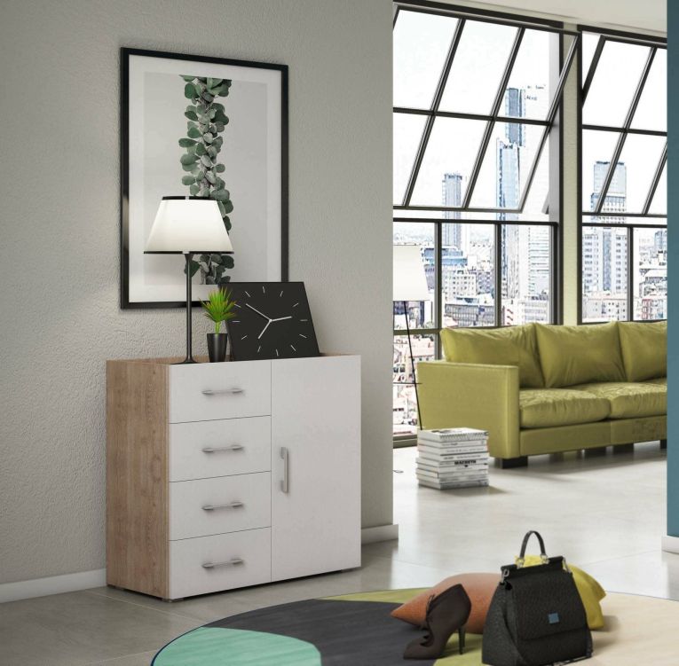 Credenza bianca e rovere 90x41x87h cm 1 anta e 4 cassetti - Aracnida