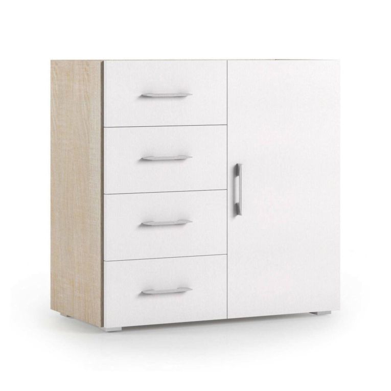 Credenza bianca e rovere 90x41x87h cm 1 anta e 4 cassetti - Aracnida