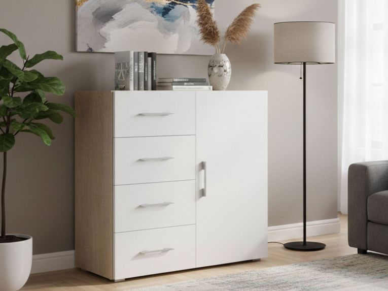 Credenza bianca e rovere 90x41x87h cm 1 anta e 4 cassetti - Aracnida