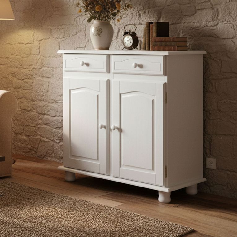 Credenza Bianco 2 Cassetti un Ripiano 88x43x87h cm, Apertura Battente - Pallare