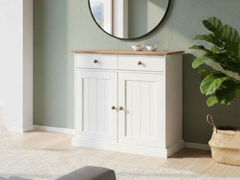 Credenza Bianco 2 Cassetti un Ripiano 90x45x86h cm, Apertura Battente - Buja