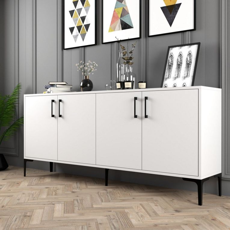 Credenza Bianco 2 Ripiani 4 Ante 180x35x78h cm, 4 Vani - Pollein