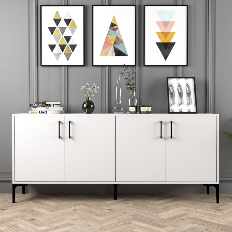 Credenza Bianco 2 Ripiani 4 Ante 180x35x78h cm, 4 Vani - Pollein