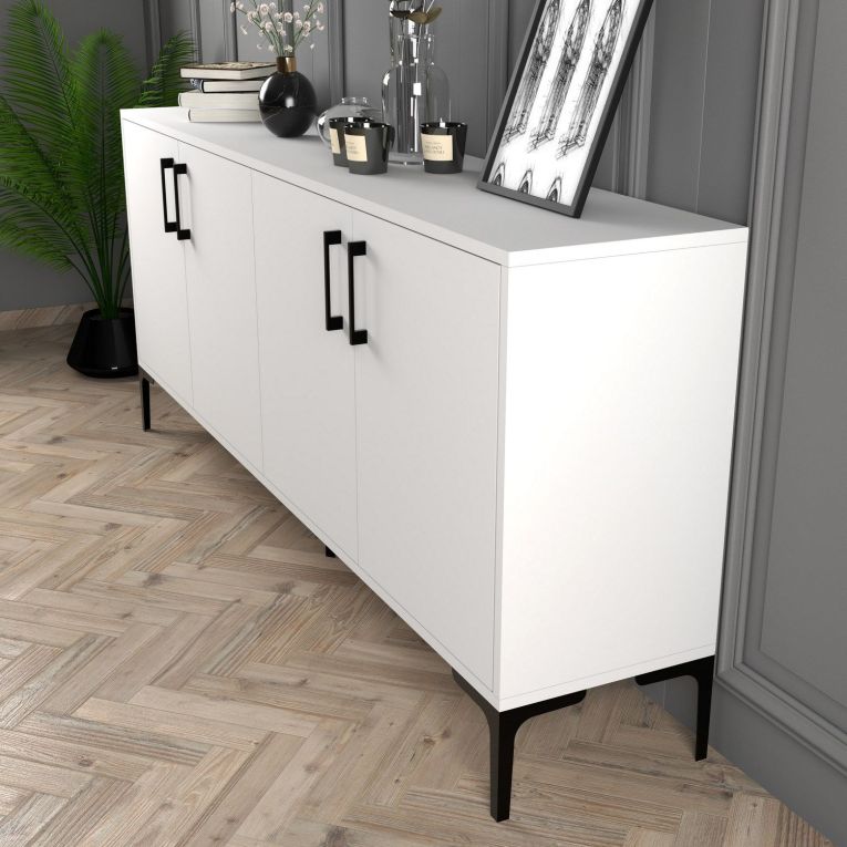 Credenza Bianco 2 Ripiani 4 Ante 180x35x78h cm, 4 Vani - Pollein