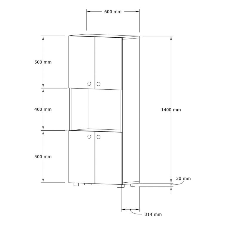 Credenza Bianco 2 Ripiani 4 Ante 60x31x140h cm, 5 Vani - Sestu
