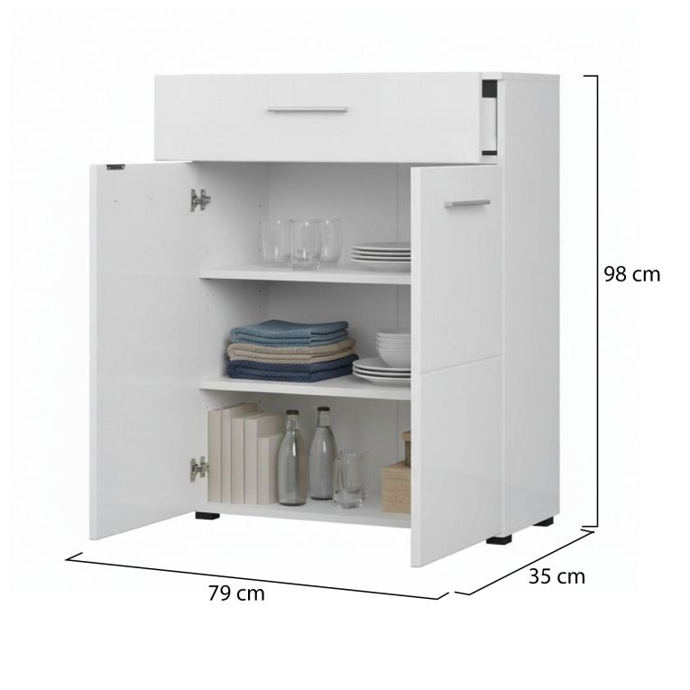 Credenza Bianco 2 Ripiani un Cassetto 79x35x97.5h cm, 3 Vani - Verduno