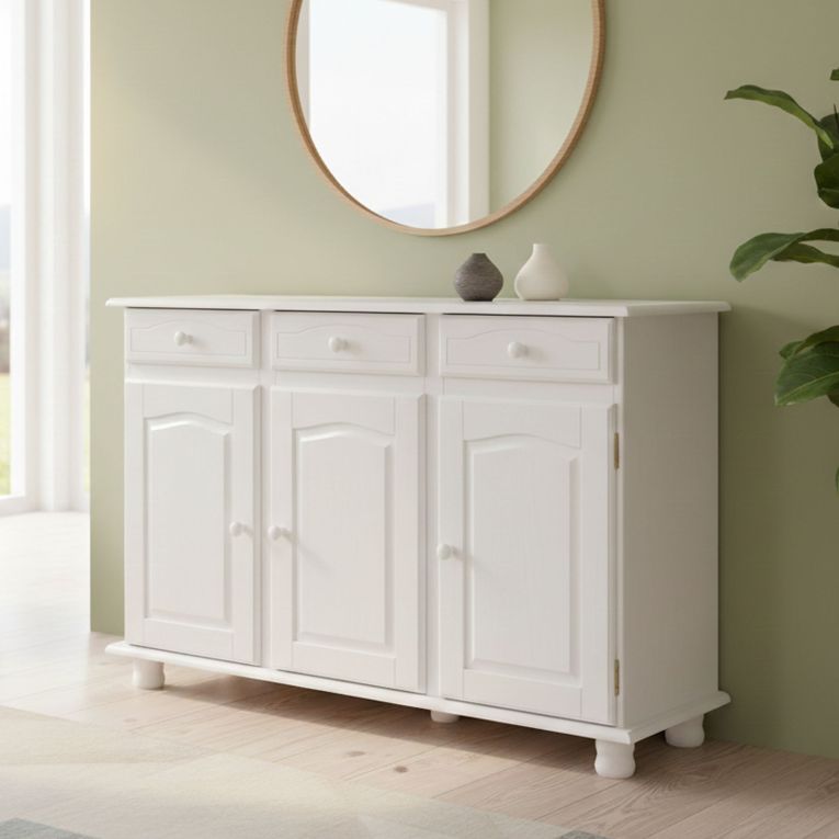 Credenza Bianco 3 Cassetti un Ripiano 130x43x87h cm, Apertura Battente - Gragnano