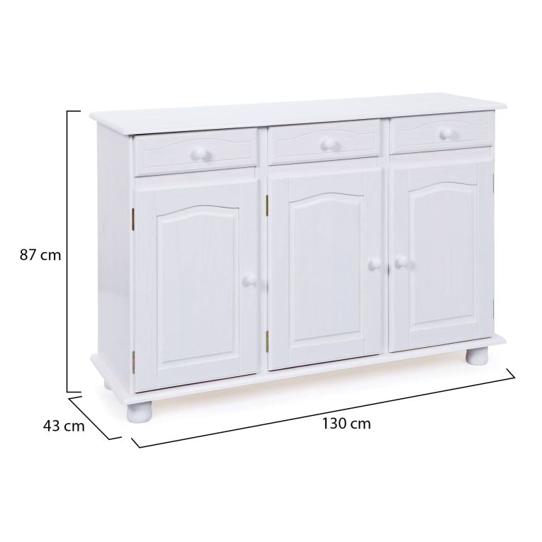 Credenza Bianco 3 Cassetti un Ripiano 130x43x87h cm, Apertura Battente - Gragnano