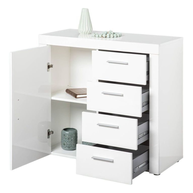 Credenza Bianco 4 Cassetti un Ripiano 94x86x40h cm, Apertura Battente - Baganza