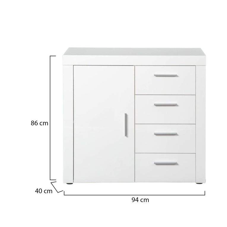 Credenza Bianco 4 Cassetti un Ripiano 94x86x40h cm, Apertura Battente - Baganza