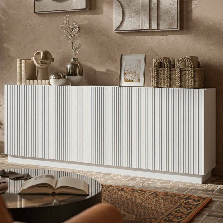 Credenza Bianco 4 Ripiani 4 Ante 200x40x78h cm, 8 Vani - Masainas