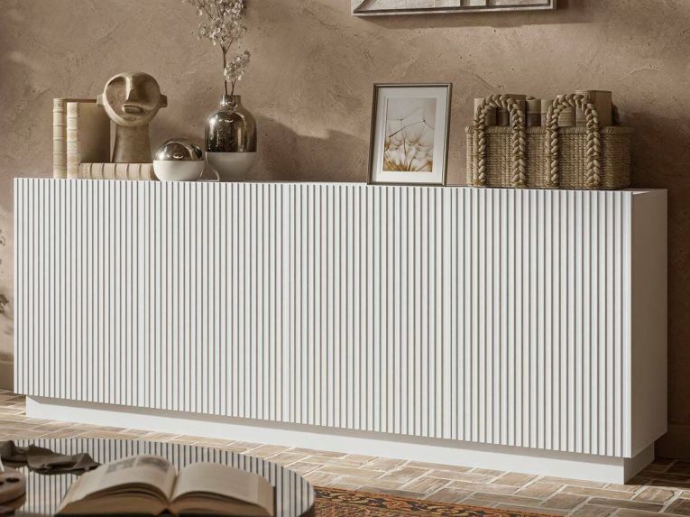 Credenza Bianco 4 Ripiani 4 Ante 200x40x78h cm, 8 Vani - Masainas
