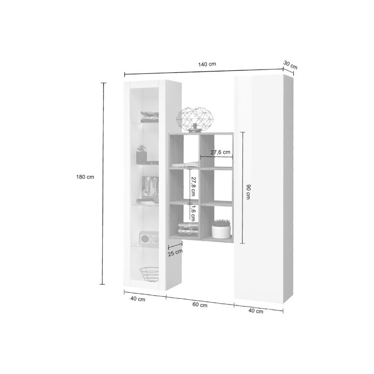 Credenza Bianco 8 Ripiani 16 Vani 40x30x180h cm, 2 Ante - Rimella